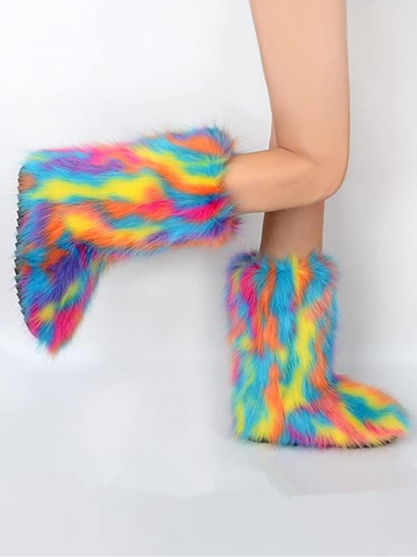 Women's Solid Color Faux Fur Boot, Fluffy Ankle Snow Boot, Warm Comfortable Outdoor for Cold Weather, Trending Shoes, Casual Warm Boots