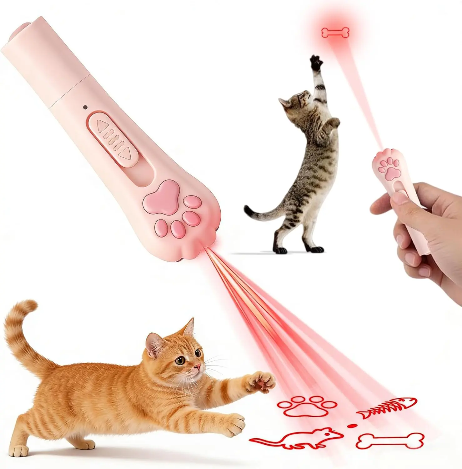Portable Rechargeable Cat Laser Interactive Toy, 5 Adjustable Fun Patterns Indoor Kitten Chase Exercise Toy, 3-in-1 Multi Function Paw Cat Toy for Bored House Cats, Pink