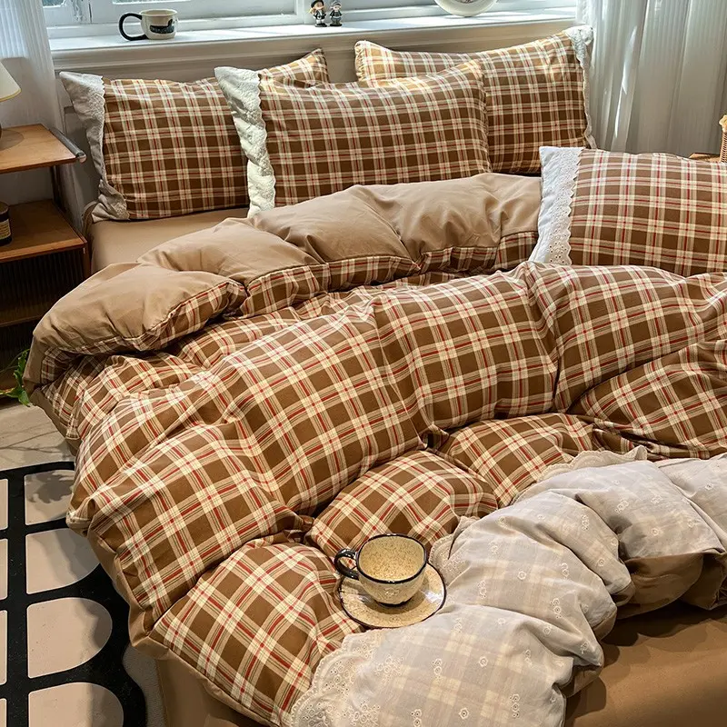 3pcs/4pcs Vintage Washable Cotton Plaid Bedding Set, Student Dormitory Three-Piece Set, Home Essentials, Suitable for All Seasons, Checkered Bedding Set