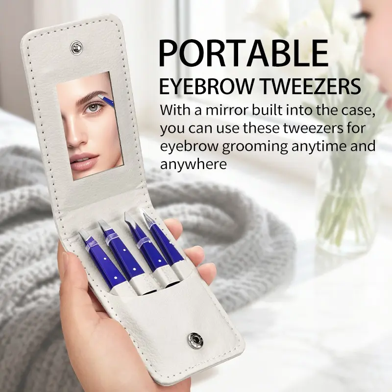 4 Pcs Blue Polka Dot Stainless Steel Eyebrow Tweezers Set with Mirror Storage Bag, Precise Hair Removal Tool for Home and Outdoor Use