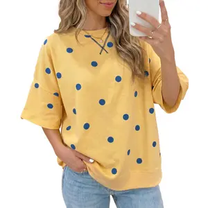 Yellow Polka Dot Oversized Short Sleeve Tunic Top, Loose Crew Neck Blouse Easy to Pair with Shorts & Leggings Daily Casual Wear  tshirt women