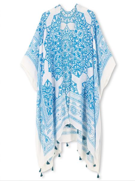 Women's Ethnic Pattern Kimono, Boho Casual Open Front Cover Up for Beach Vacation, Ladies Spring & Fall Clothes