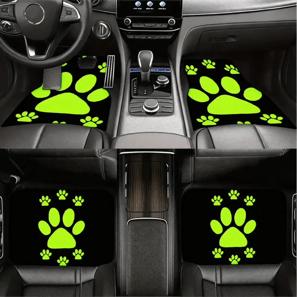 WOYUO Universal Car Floor Mats Full Set (4 Pieces Front & Rear) - Cute Neon Green Glow-In-The-Dark Paw Print, Non-Slip Rubber Backing, Easy-Clean Surface, For Pet Lovers' Animal-Themed Vehicle Interior