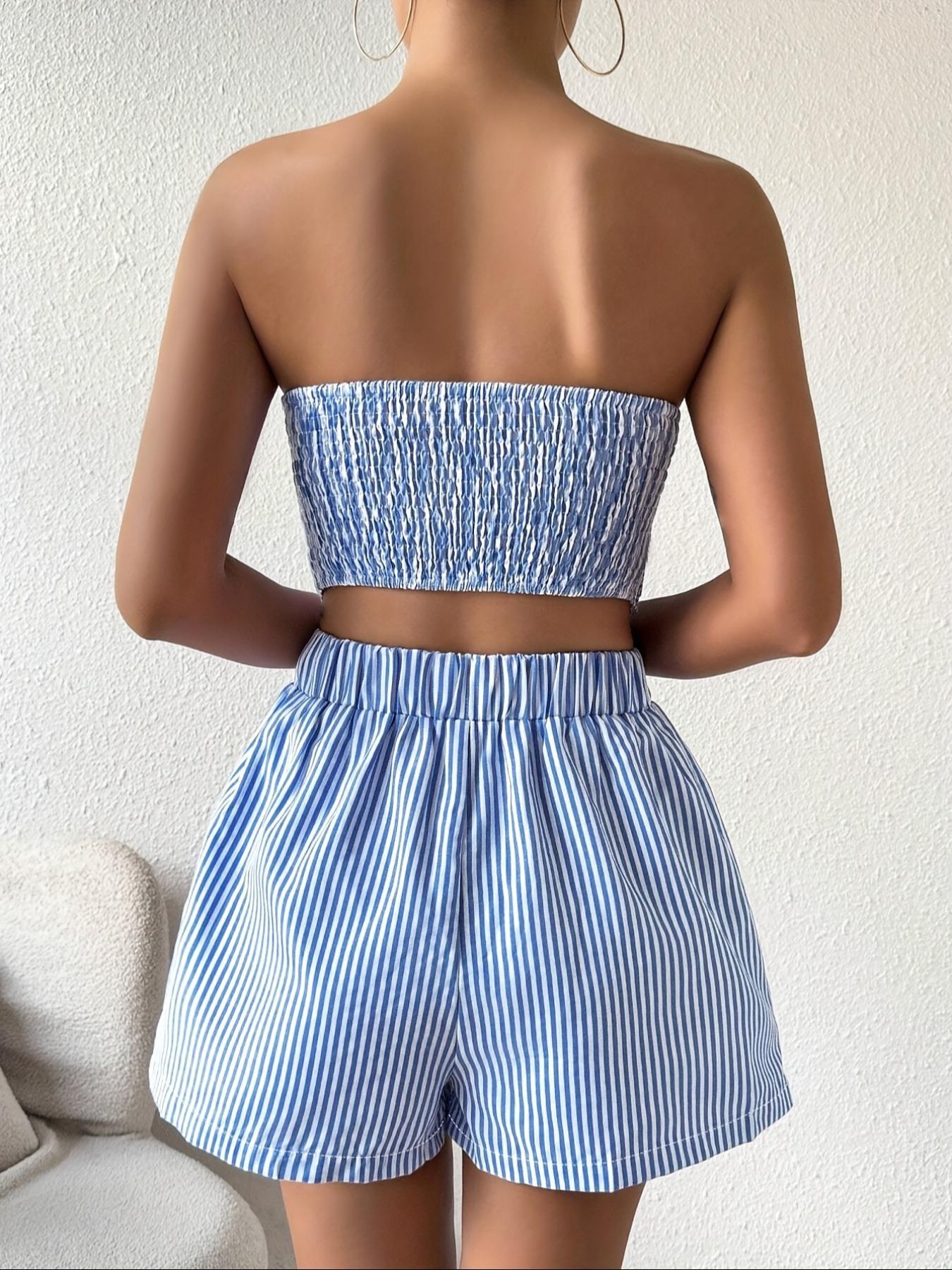 Women's Casual Striped Crop Top and Shorts Set, Fitted Ruched Design, Two-Piece, Perfect for Daily Wear