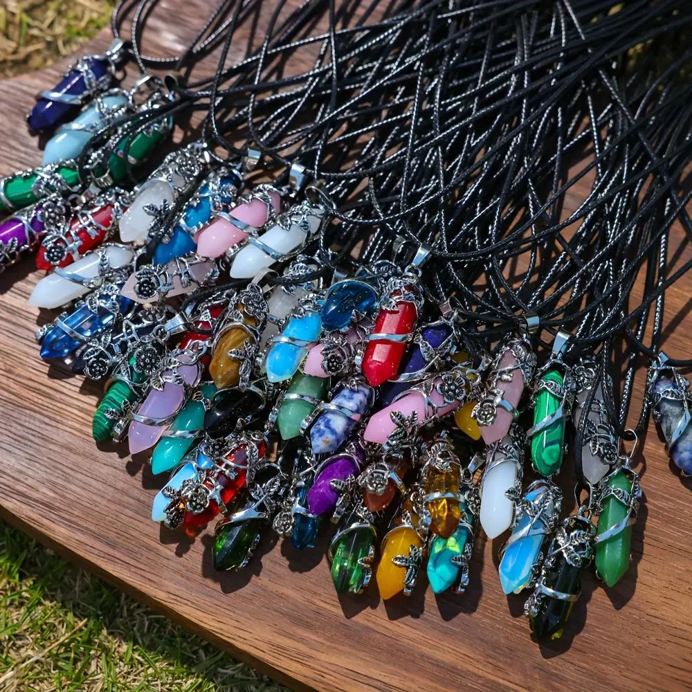 20pcs Glass Bead Hexagonal Prism Wrap Flower Pendant & Black Faux Leather Chain Set (20pcs Pendant +20pcs Chain) - Ideal for Holiday Birthday Party Daily Wear, For Teenager