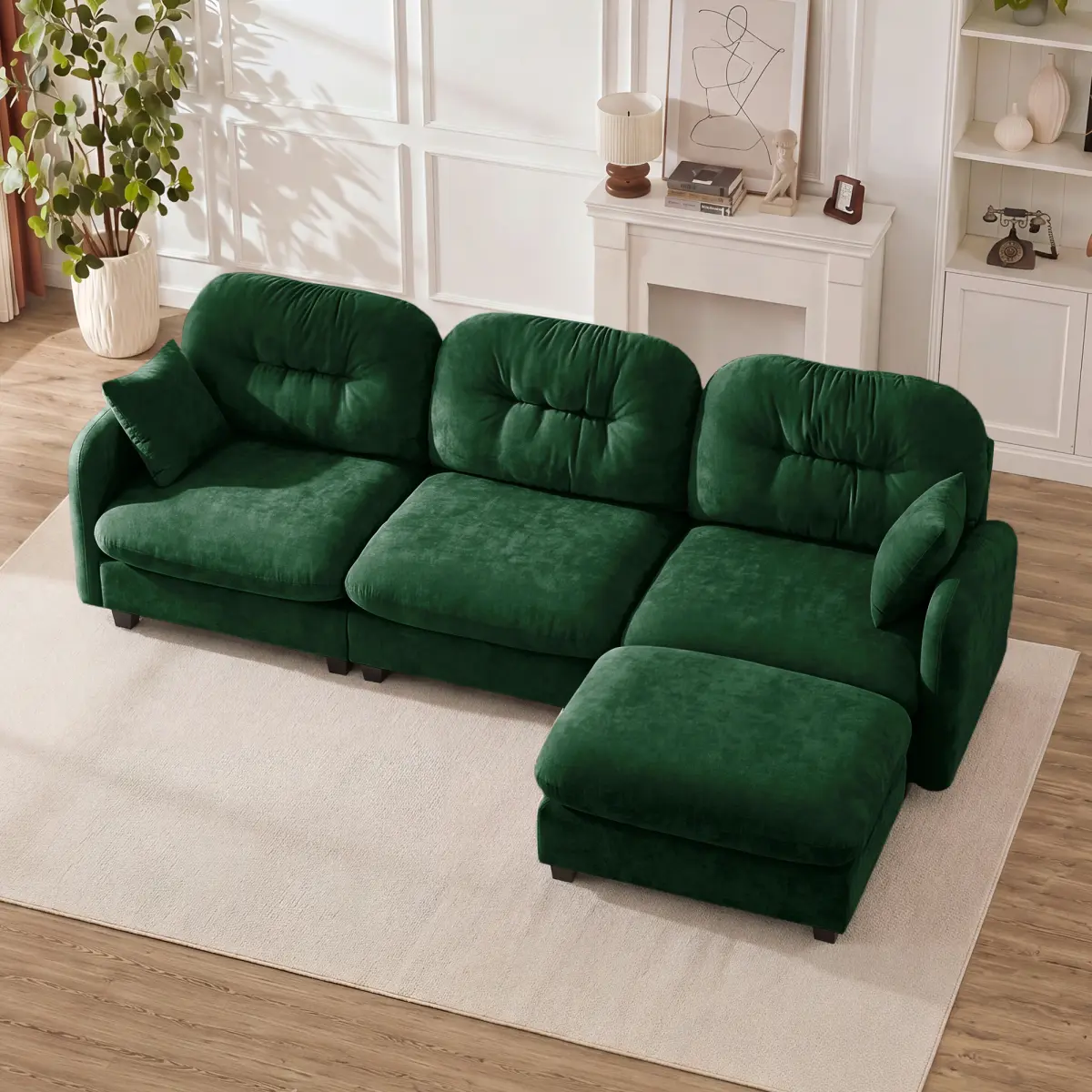 Premium Chenille 3-Seat Modular L-Shaped Comfy Sectional Couch with Ottoman, Quilted Pleated Design, Ergonomic Sponge Cushion, Easy Assembly, Clean Aesthetic Space Saving Furniture for Small Room Room Transformation, Green (27.5 lbs)