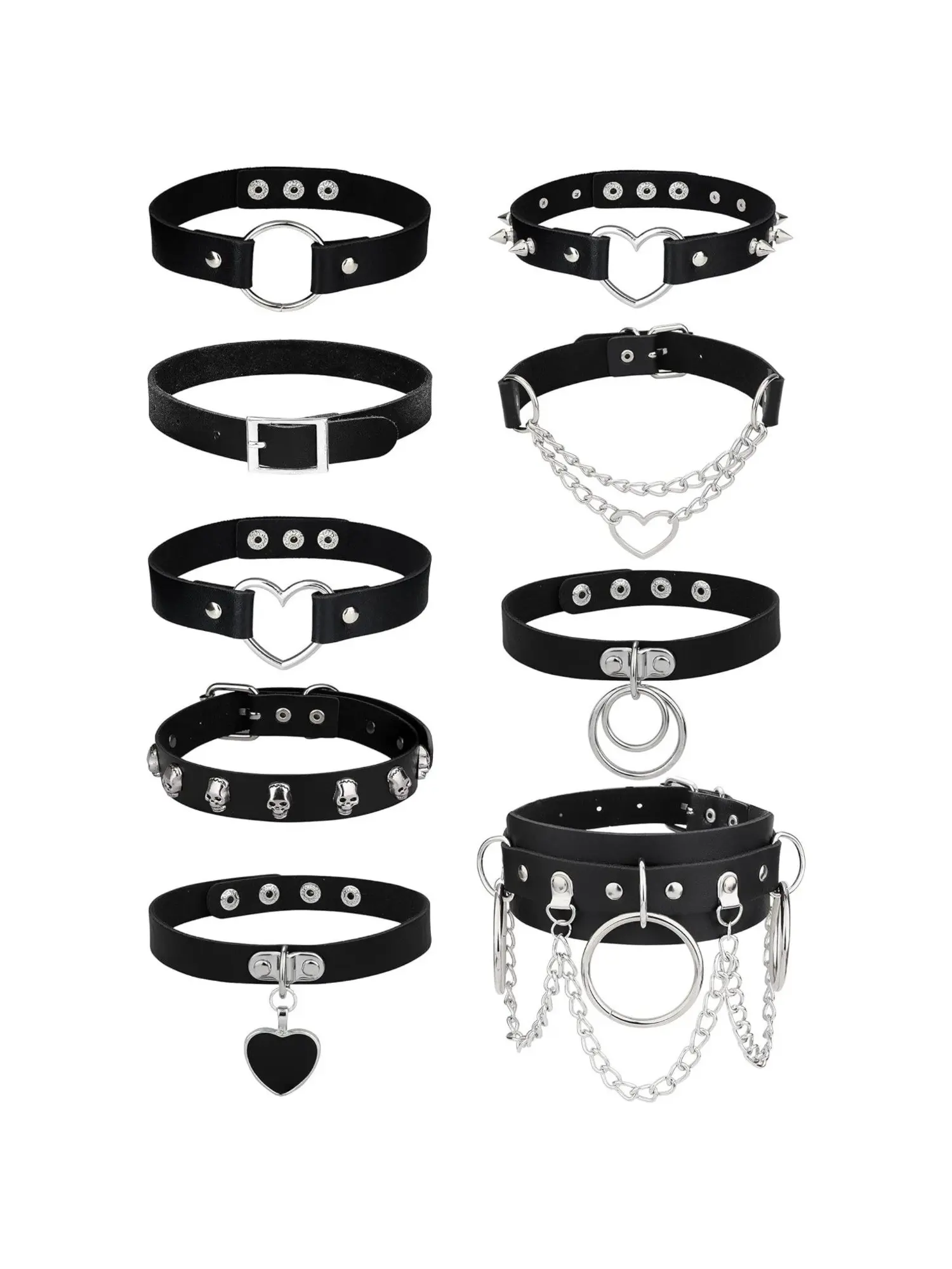 9 Pcs Black Punk Leather Chain Choker Necklace Set, Durable Fashion Accessory, for Women Men Leather Durable Alloy Classic Punk Gothic Style with Chain Embellishment Bold Retro Aesthetic Adjustable Leather Collar Chokers Jewelry