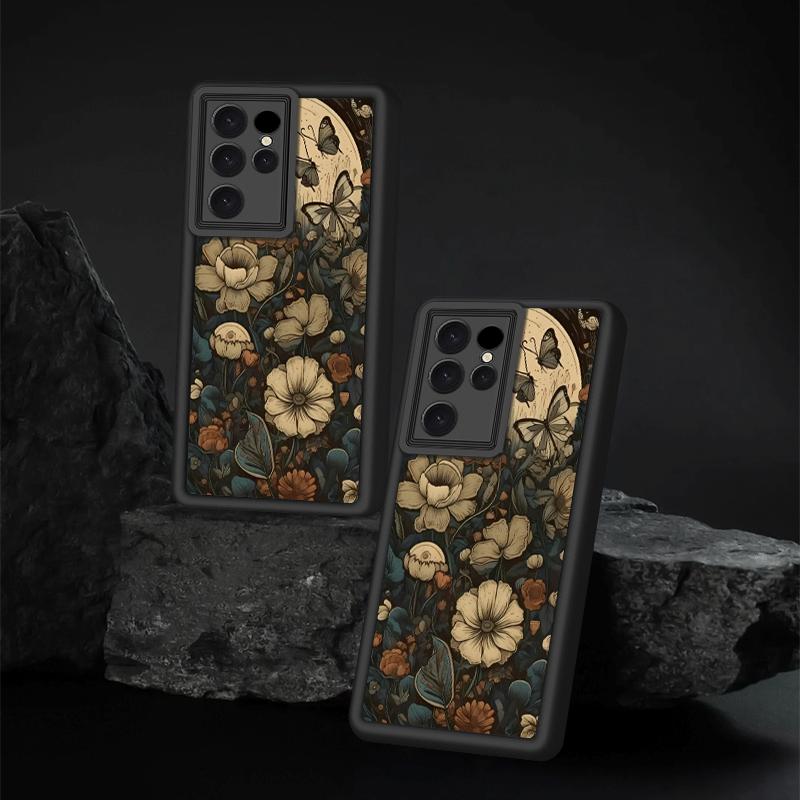 Butterfly WildFlower Black Phone Case for Samsung Galaxy S25 S24 S23 S22 S21 A13 A14 A15 A16 A17 A33 A34 A35 A36 A52 A53 A54 Note20 Fe Plus Ultra  -Full coverage Soft Anti-Drop Protective Cases