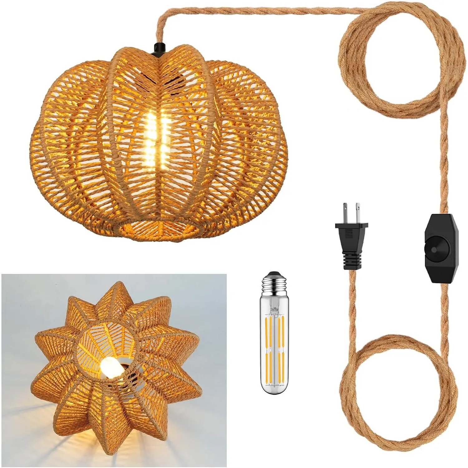 Corded Warm Rattan Pendant Light with 15FT Hemp Rope Cord, Dimmable Switch, AC Power Supply, 11x7in Indoor Hanging Lamp (Bulb Included) for Boho Living Room, Bedroom, 11 X 7 Inch