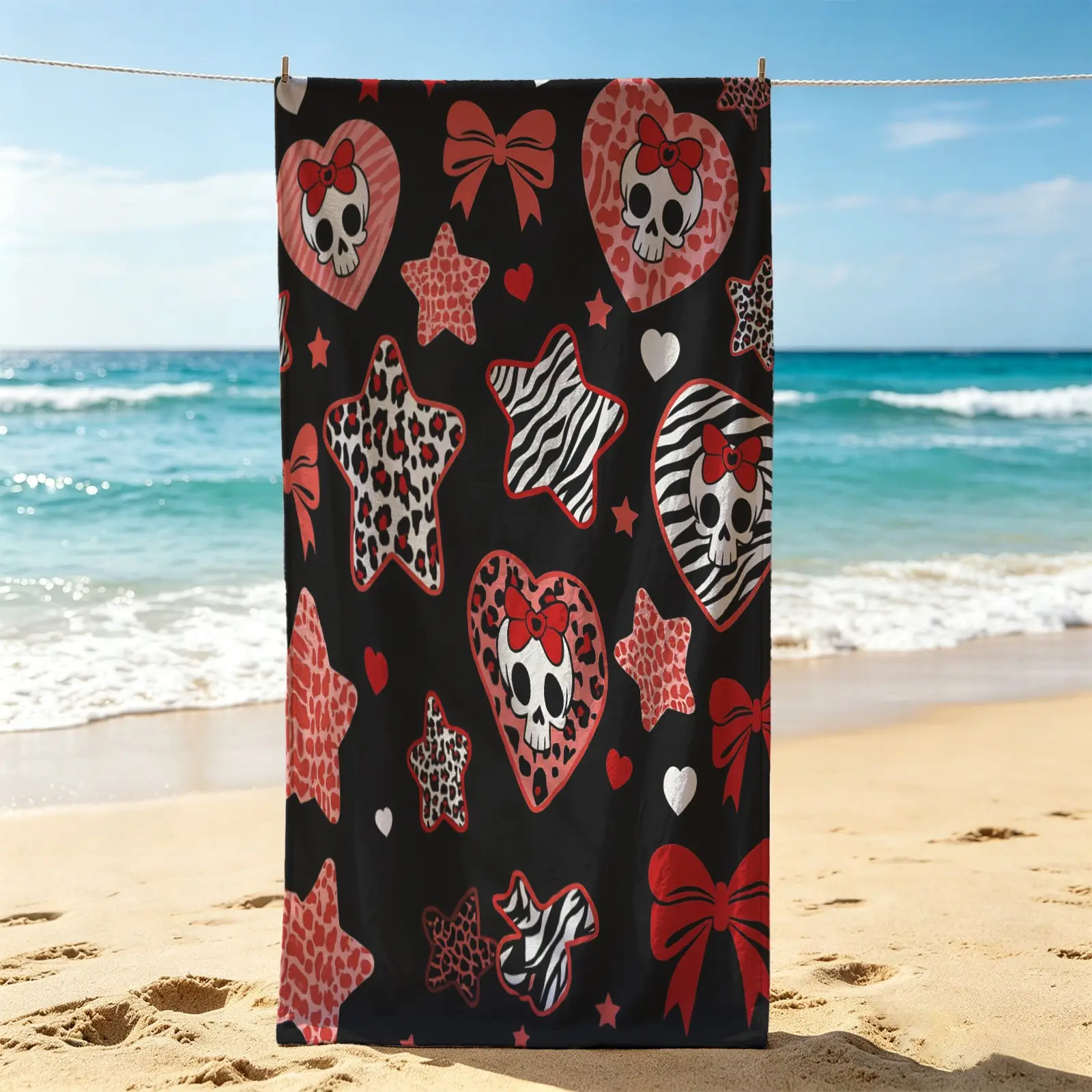 1Pc Girly Halloween Leopard Ghost POD Digital Print Beach Towel, Quick Dry Absorbent Pool Towel, Portable Camping Towel & Large Bath Towel Blanket, Fashion Holiday Pattern, For Girls, Suitable For Beach, Travel, Swimming And Daily Bathing