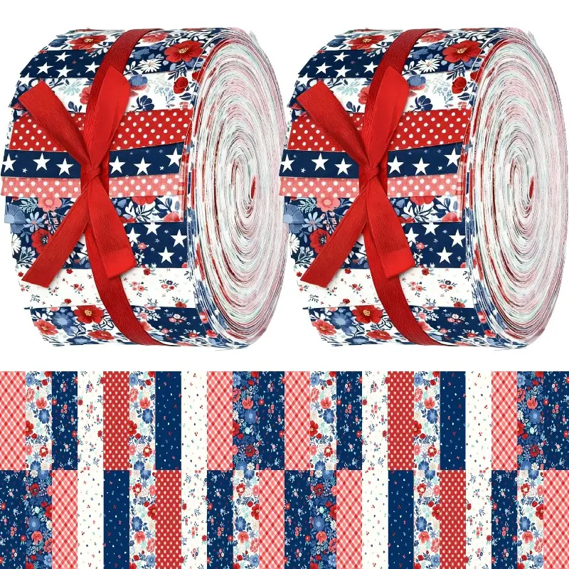 40Pcs Red Blue Vintage Floral Precut Quilting Fabric Strips 2.55" x 19.7", DIY Sewing Patchwork Supplies for Doll Bag Home Decor