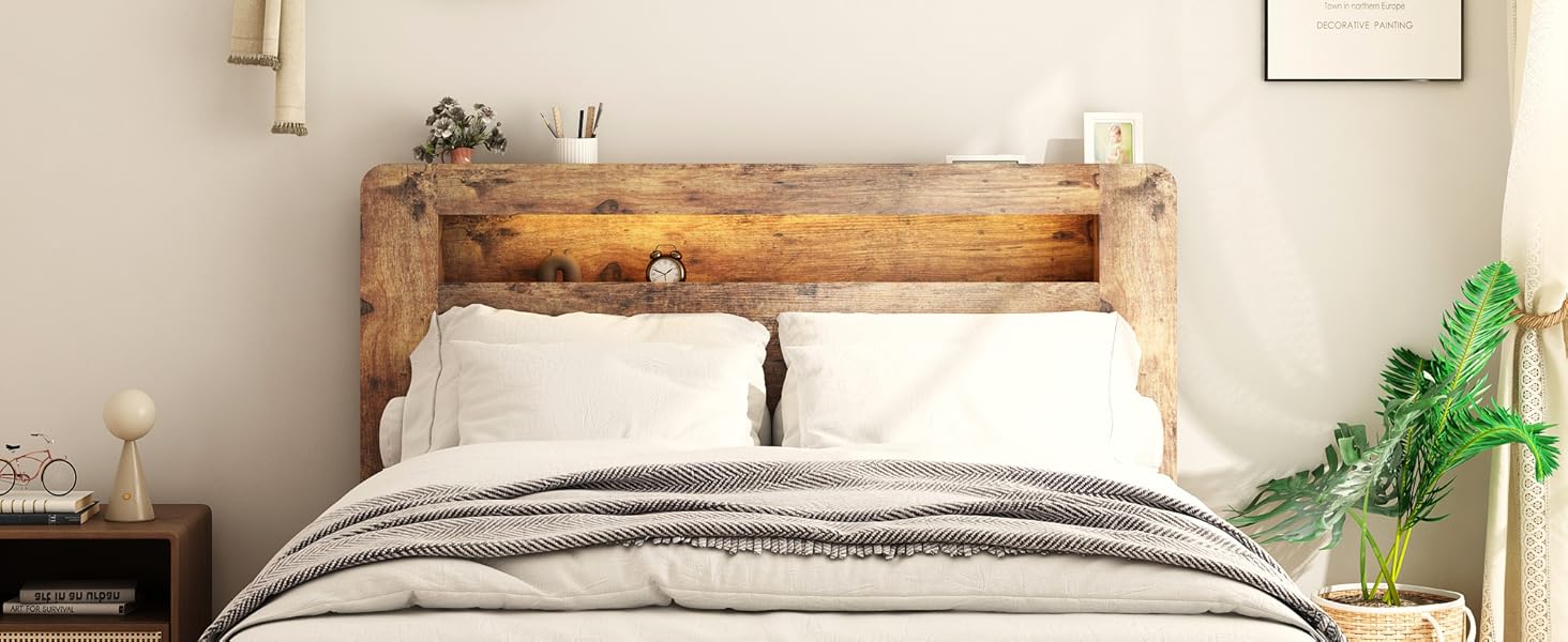 ARCH Wooden Bed Frame Queen Size with Storage Headboard, Farmhouse Platform Bedframe with Bookcase Shelf & Led Lights, Sturdy Wood Slat Framework Bed Frame (Rustic Brown) ARCH Wooden Bed Frame Queen Size with Storage Headboard, Farmhouse Platform Bedframe with Bookcase Shelf & Led Lights, Sturdy Wood Slat Framework Bed Frame (Rustic Brown)