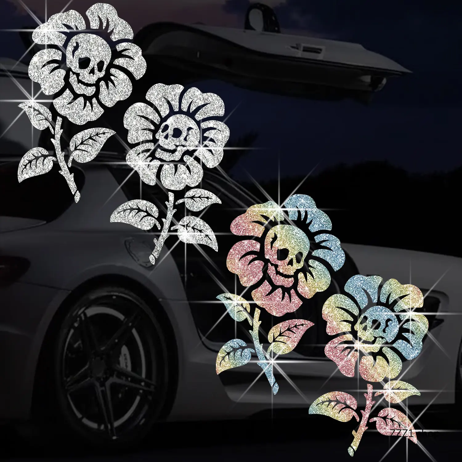 Gothic Floral Skull Decal Stickers, Waterproof Holographic Vinyl for Car Windows, Bumpers & Laptops - Glitter Halloween Decoration, Nylon Vinyl, Rainbow Glitter, Halloween Gifts, Auto Window