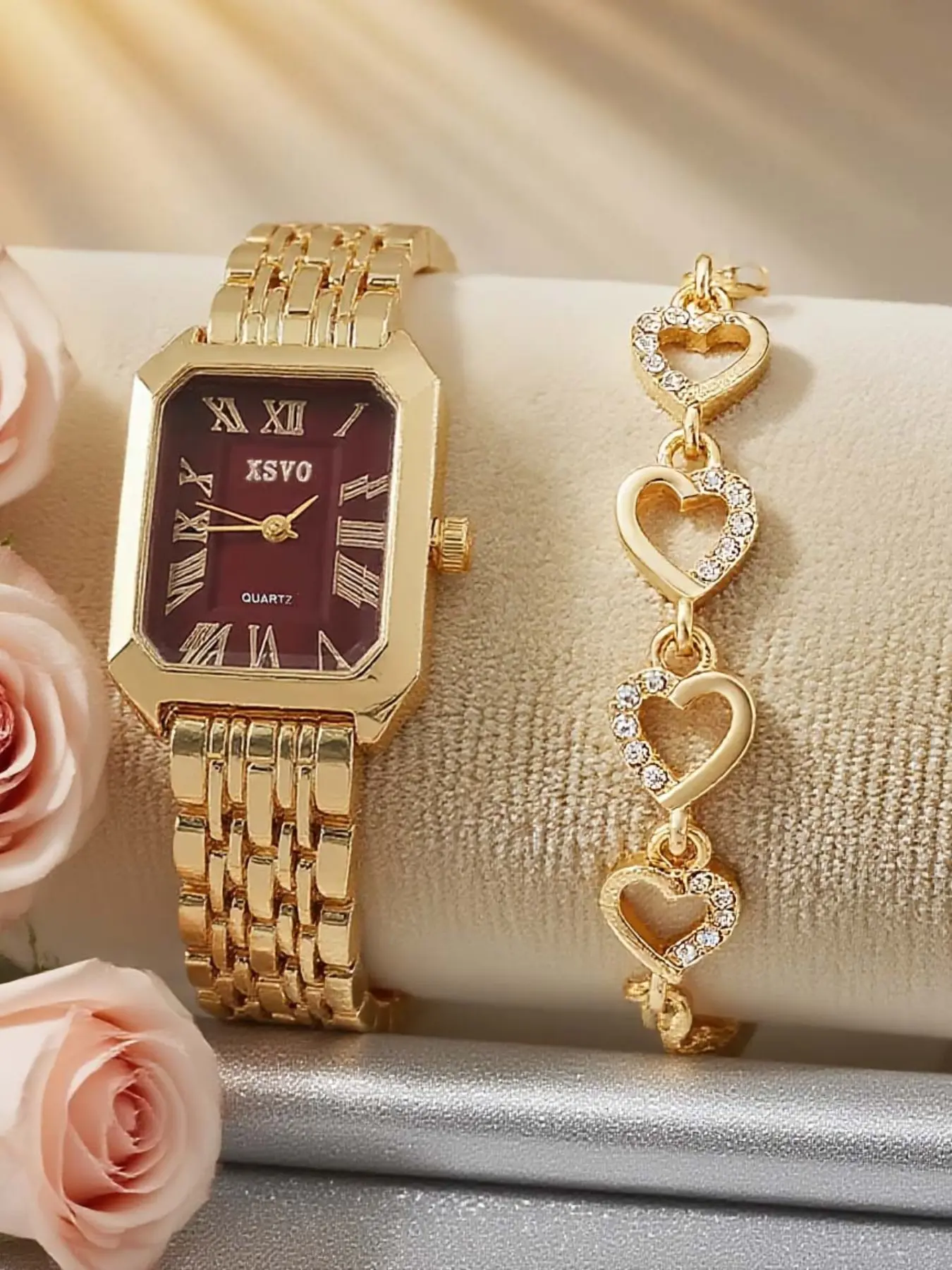 Vintage Wine Dial Square Steel Band Watch Set, Heart Rhinestone Bracelet, Hong Kong Style Luxury, No Gift Box Included
