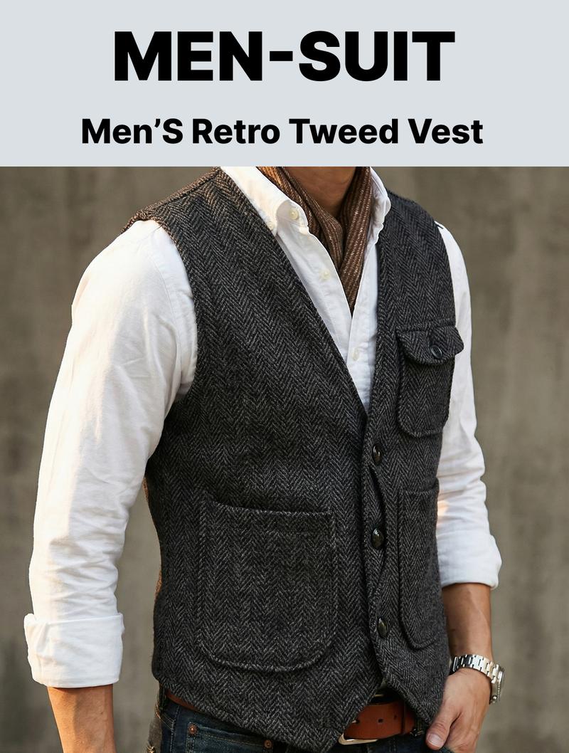 Men's Retro Tweed Vest Herringbone Wool-Blend with Multi-Pockets: Elevate Casual & Outdoor Styles for Daily Errands & Weekend Adventures