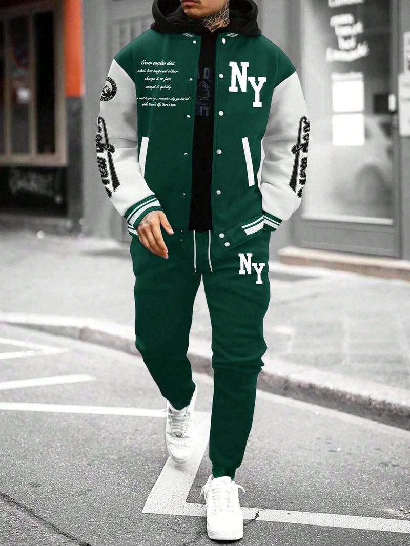 Two-Piece Set Men's Colorblock Letter Print Button Front Jacket & Drawstring Waist Sweatpants, Regular Fit Casual Long Sleeve Outerwear & Pocket Jogger Pants for Daily Wear, Men's Outfits for Fall & Winter