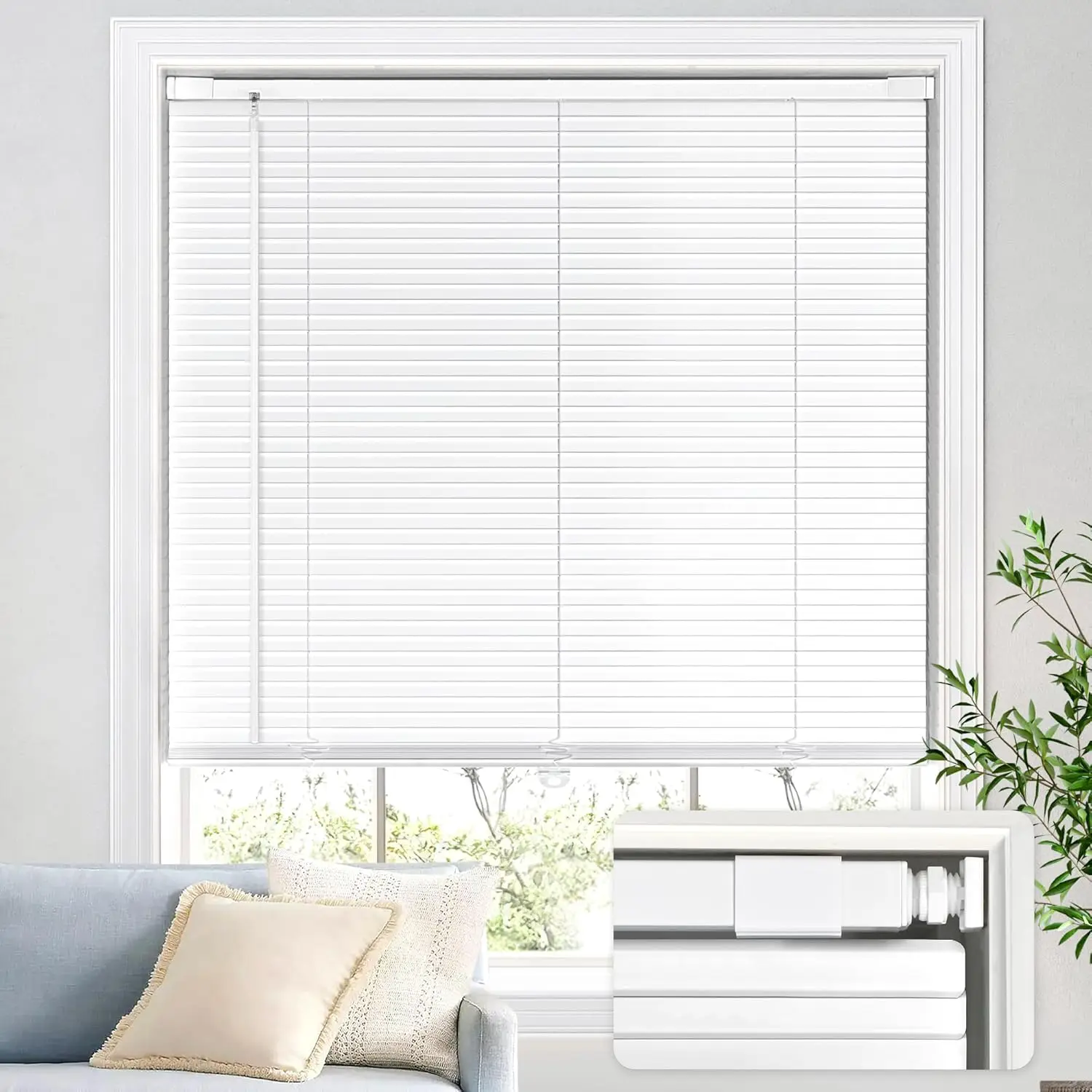 No Drill Blinds for Windows 1" Aluminum Cordless Mini Blinds L-Shaped Slat 100% Privacy for Window Size 34.5" W × 64" H White