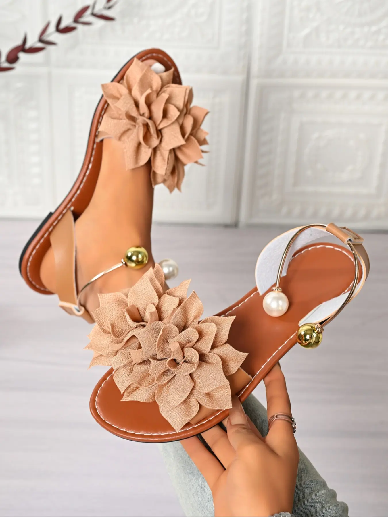 Women's Romantic Flat Sandals Featuring Oversized Stereo Fabric Flower Embellishments Pearl Metal Open Ring Ankle Strap Closure Comfortable Soft Footbed Wearproof Non-slip Outsole Elegant Daily Styling Suitable For Beach Travel Date Party Daily Shopping S
