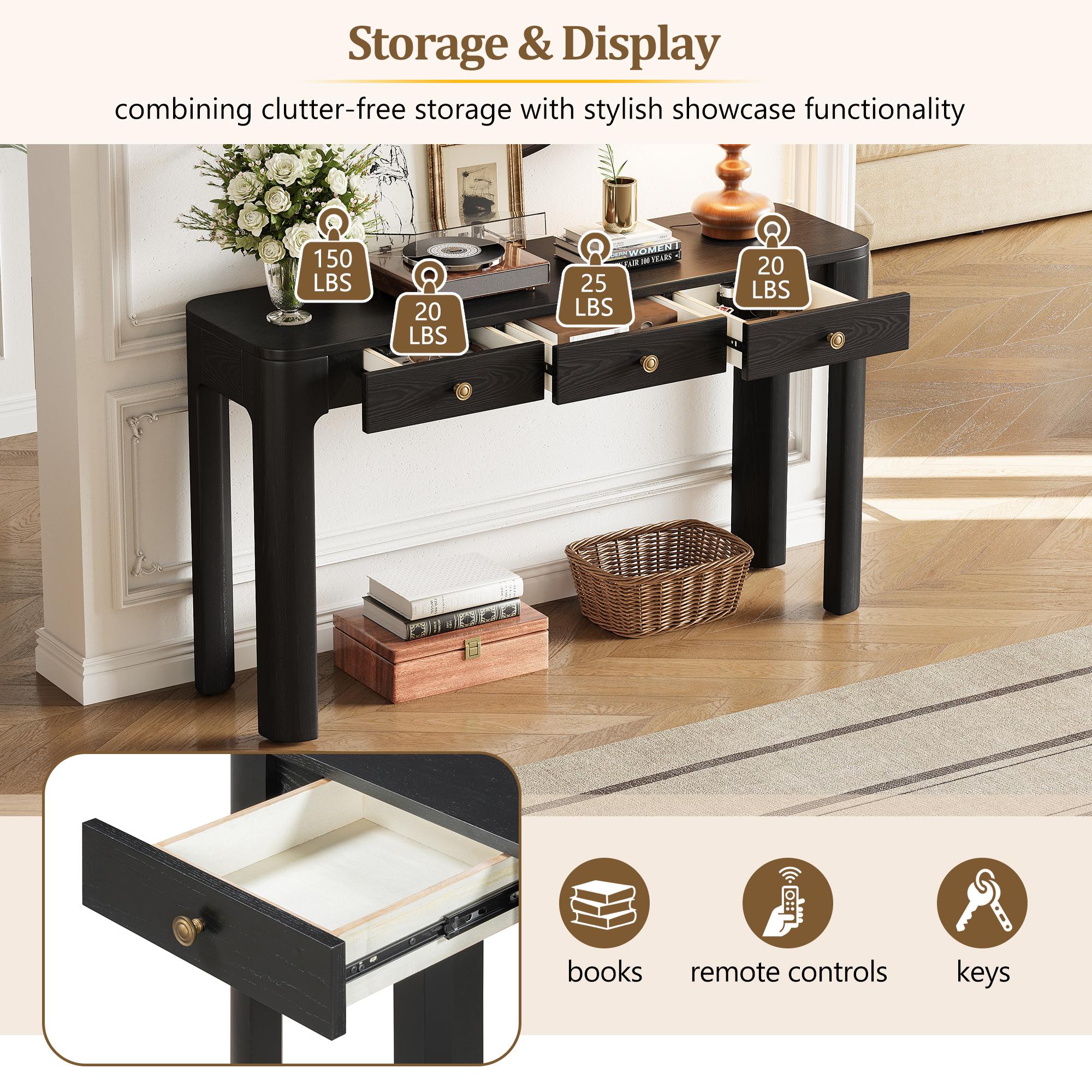 TREXM Rustic Console Table with Curved Corners for Safety, Entryway Table with 3 Concealed Drawers, Sturdy Sofa Table with Thick Legs for Hallway & Living Room TREXM Rustic Console Table with Curved Corners for Safety, Entryway Table with 3 Concealed Drawers, Sturdy Sofa Table with Thick Legs for Hallway & Living Room