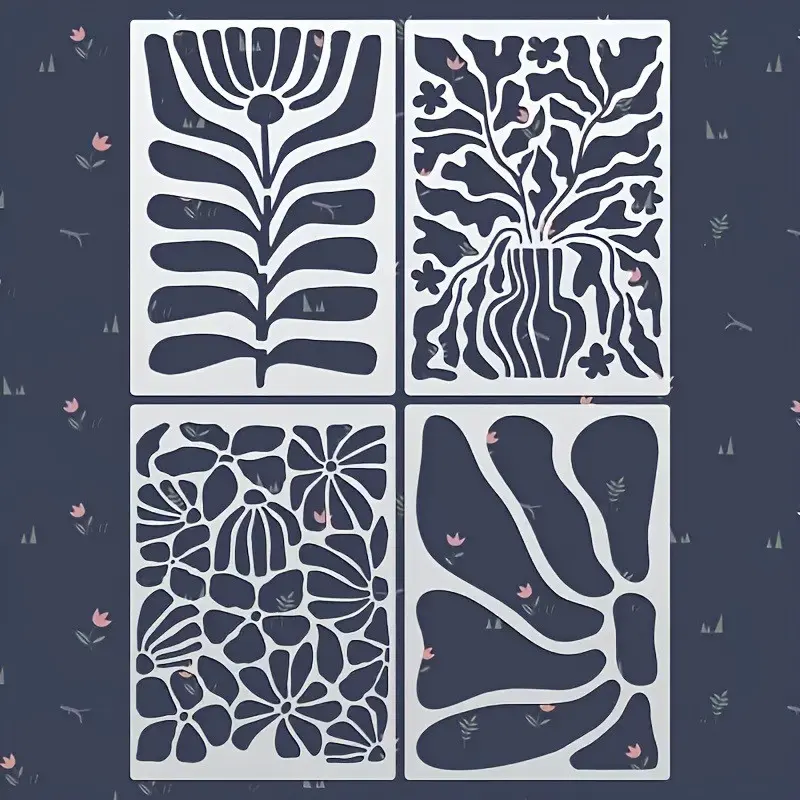 4-Piece Floral Cutout Drawing Templates, Abstract Design for Bullet Journal, DIY Decoration, Coloring Art, Versatile Use Cases
