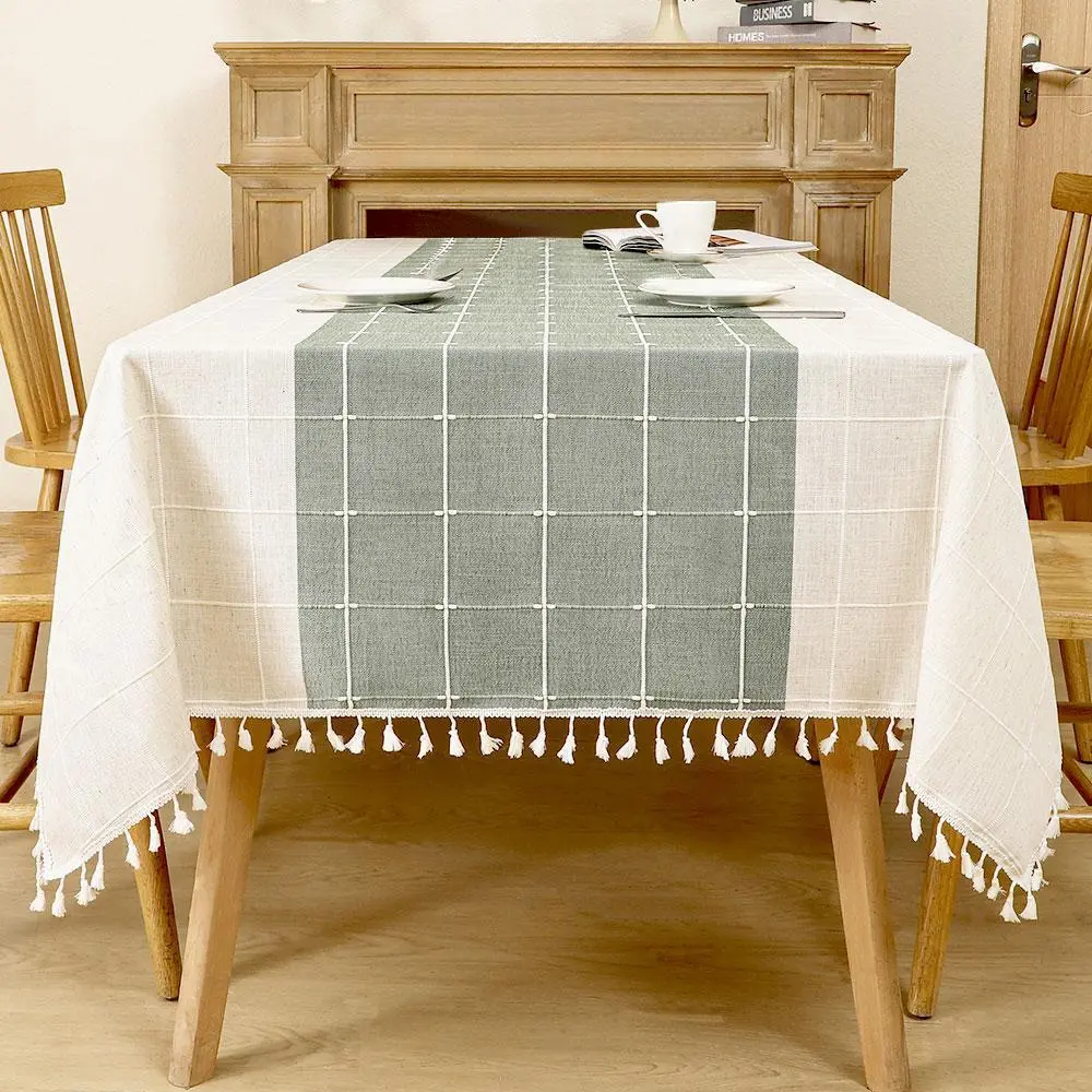 Rustic Cotton Linen Tablecloth 55x70 Inch, Farmhouse Tassel Fringe Design, Heavy Sturdy Weave, Fade & Stain Resistant, for Coffee Shop, Restaurant, Home Dining, Food, Heavy Weave