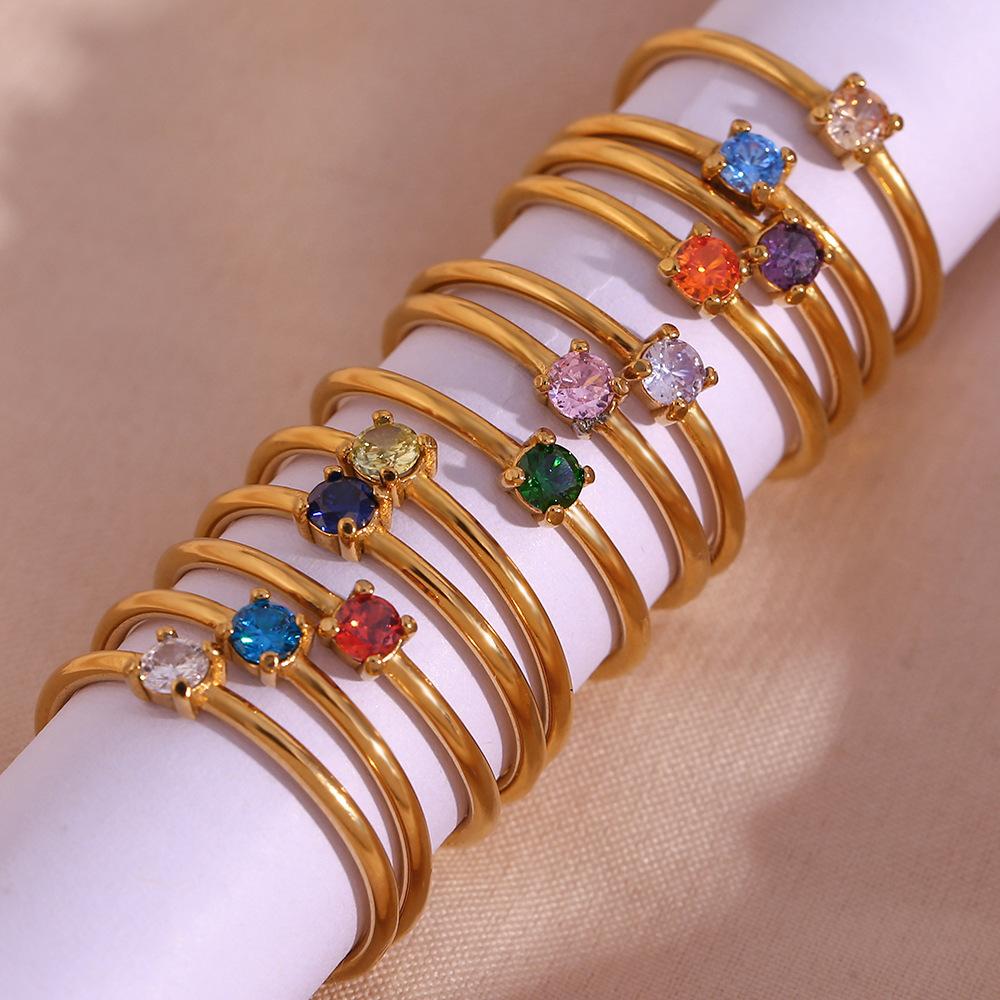 Birthstone Rings for Women Non Tarnish Golden Stackable Rings Dainty Round CZ Pinky Plain Band Ring Personalized Jewelry Gift for Birthday Size 6-9