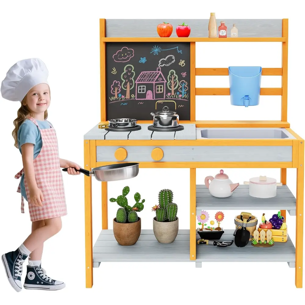 Wooden Play Kitchen for Kids, WMK-22730 Fir Wood Pretend Cooking Set, Light Blue & Yellow Toddler Kitchen Playset with Chalkboard & Storage for Outdoor Indoor