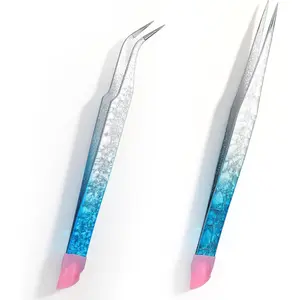 2PCS Crystal Blue Nail Tweezer: Double Ended Sticker Tweezers with Silicone for Craft, Precision Rhinestone Picker Tool for Jewelry Eyelash Nail Art,Curved Tip Tweezers Kitfidget toys