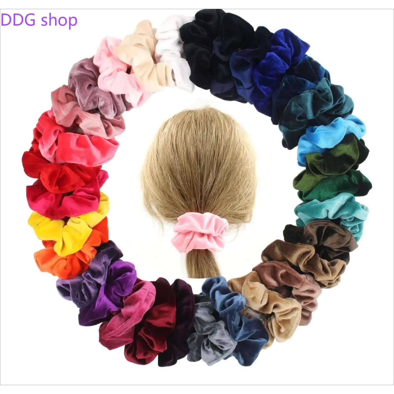 Women's Medium-Sized Polyester Velvet Scrunchie, Glitter Solid-Color Hair Tie - Sports & Outdoor Accessory with Coffee, Yellow, Purple Options