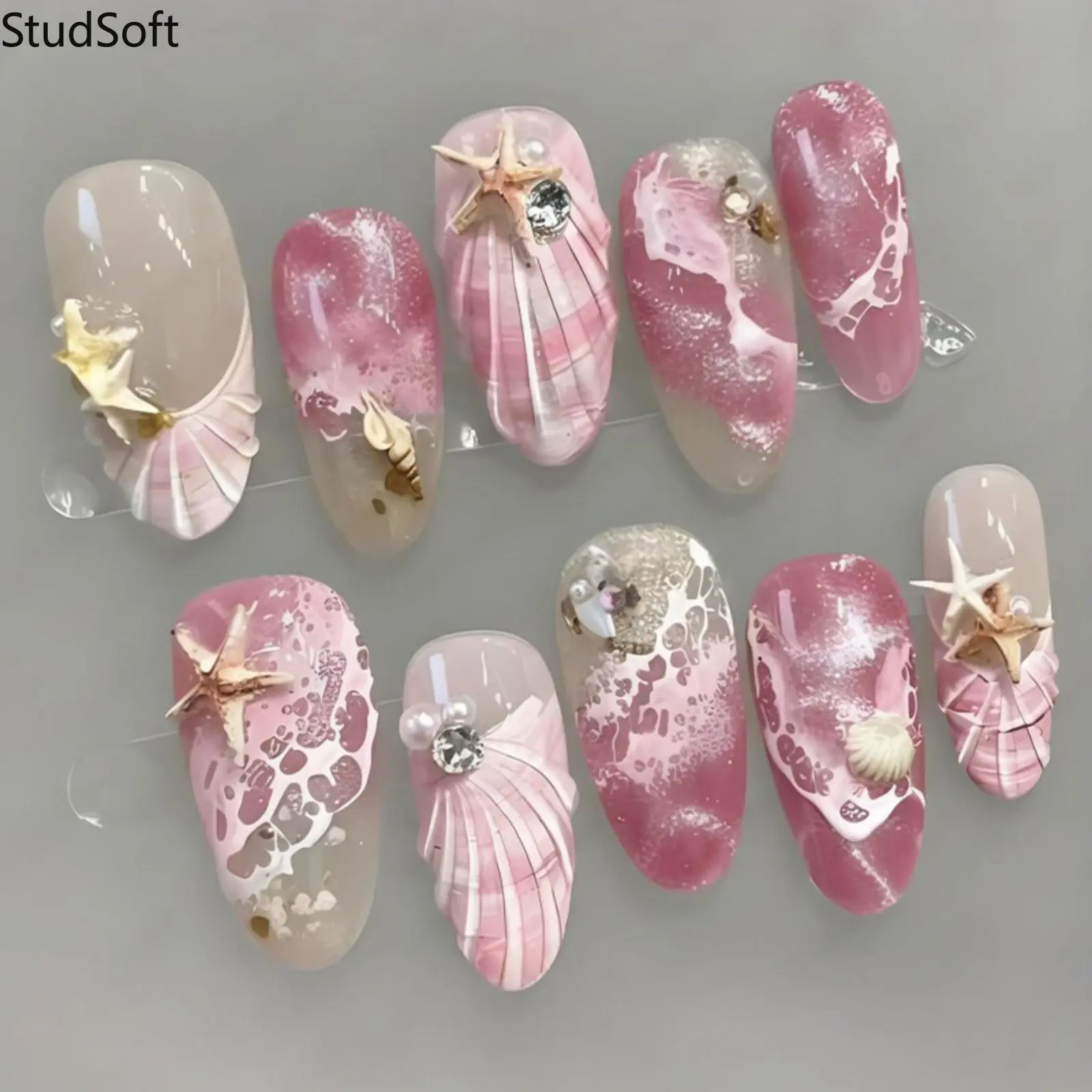 30pc Pink Shell Press on Nails Almond Medium Fake Nail Patches Glossy 3D Mermaid Starfish Artificial Nails Reusable Summer Beach Vacation Manicure