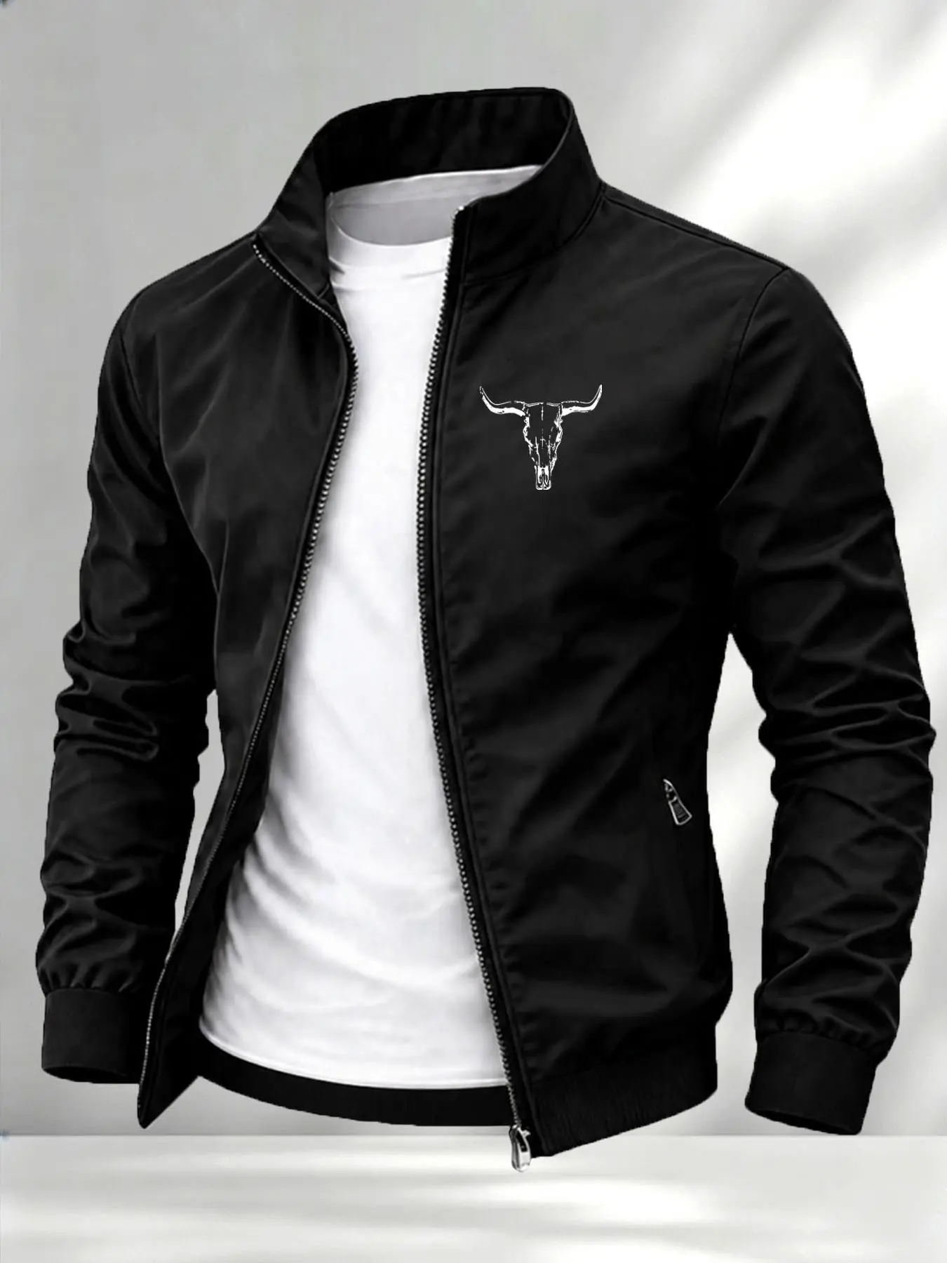 Men's Bull Head Pattern Stand Collar Jacket, Trendy Zipper Outerwear, Street Style Casual Coat, Multi-Color, All Seasons