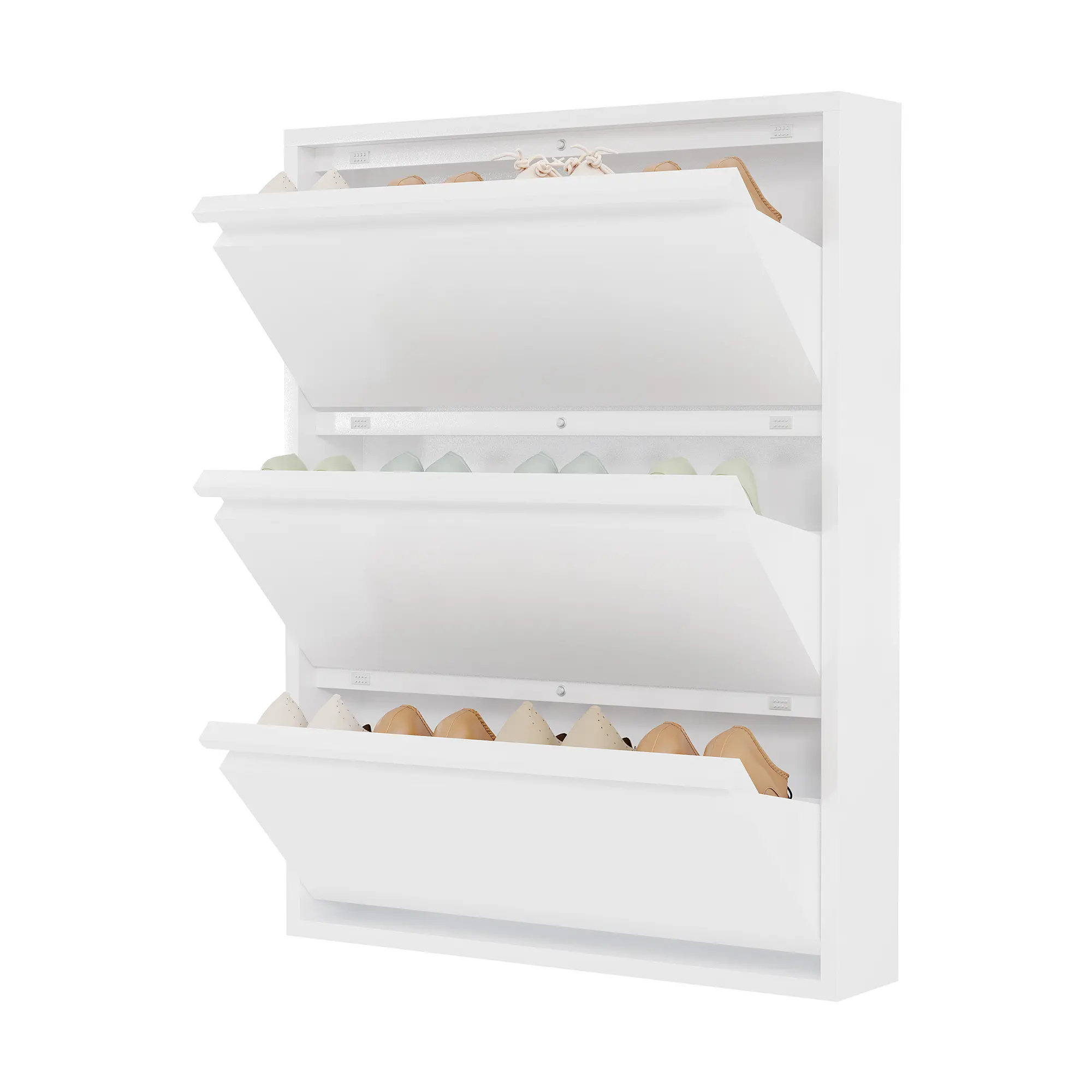 Space-Saving Slim Metal Shoe Cabinet, 3 Turnover-Down Drawers - Narrow Entryway/Hallway Shoe Organizer - Freestanding or Wall-Mounted - Anti-Tip Carbon Steel Frame