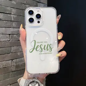 Magnetic Soft Smartphone Casing Cover for iPhone 11/12/13/14/15/16/17 Pro Max, Sage Green Jesus Cursive Lettering, MagSafe-Compatible Aesthetic Pattern Phone Accessory, Lightweight Anti-Scratch Trendy Cellphone Case