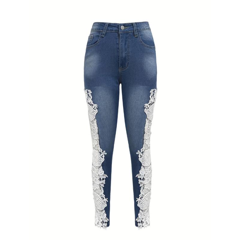 Elegant Skinny Fit Hollow Out Lace Contrast Denim Jeans, Women's Denim Pants & Clothing