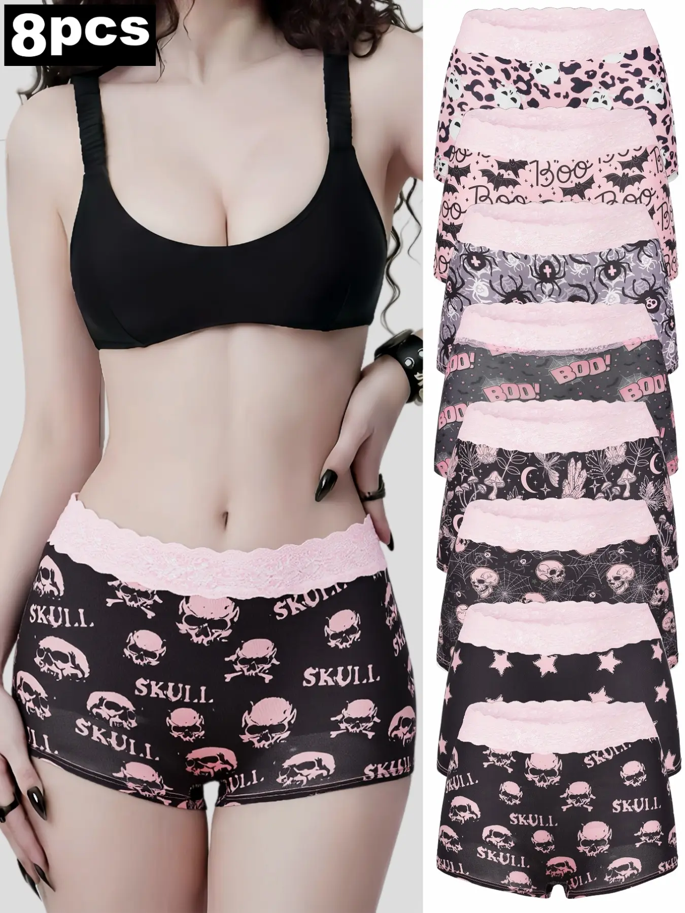 8-Pack Pink Lace Waist Halloween Print Women Boyshort Underwear, Pastel Goth Spooky Skull Bat Spider Leopard Star Mushroom Pattern Boxer Shorts, Alt Girl Y2K Dark Coquette Aesthetic Stretch Boyshort Panties Multipack.#AltGirlFashion #Halloween#Lingerie