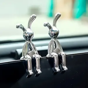  2pcs Silver Plated Rabbit Figurine, Car Dashboard Ornament, Home Office Desk Decor, Aesthetic Bunny Statue