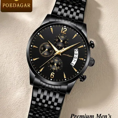 Men's Watch 30m Waterproof Business Fashion Gold Stainless Steel Strap Calendar Analogue Quartz Watch Wristwatch Movement Luminous Fashionable Dial Gift for Father's Day Valentine's Day