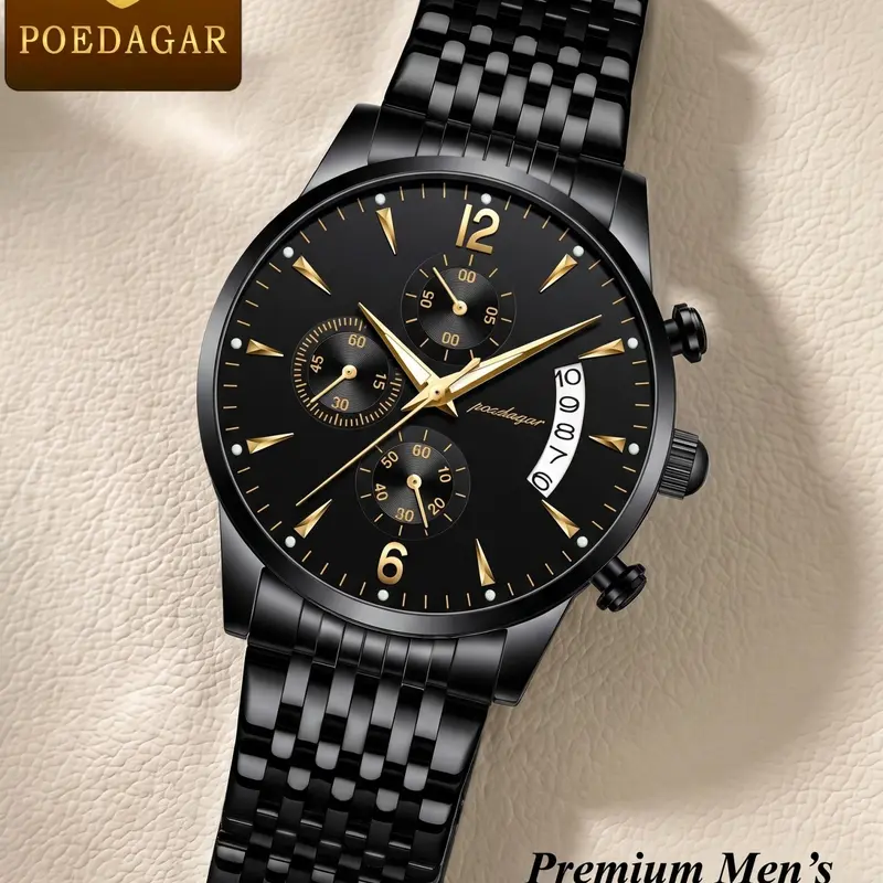 Men's Watch 30m Waterproof Business Fashion Gold Stainless Steel Strap Calendar Analogue Quartz Watch Wristwatch Movement Luminous Fashionable Dial Gift for Father's Day Valentine's Day