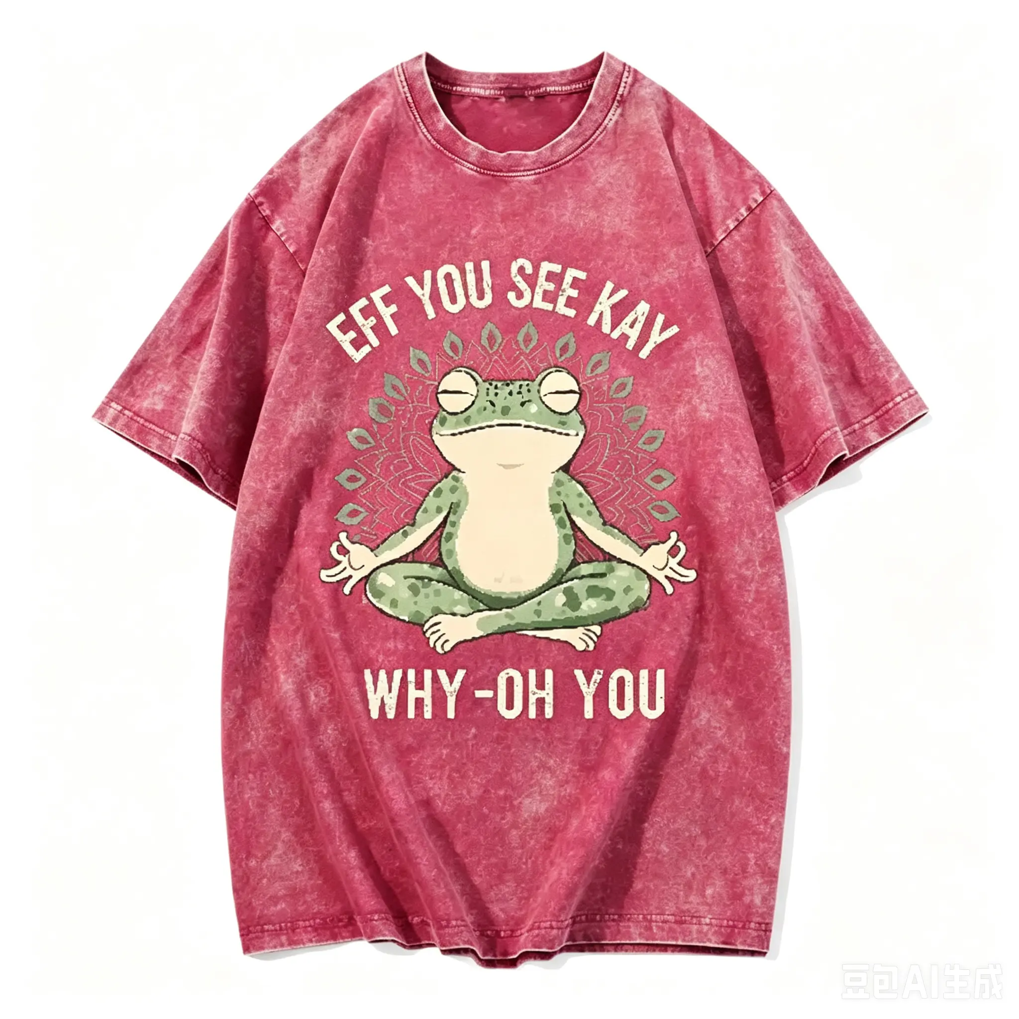 Unisex Oversized Frog Art Graphic T-Shirt, Funny EFF YOU SEE KAY Meditation Design with Retro Cream Text & Green Mandala Digital Print, Foldable, Machine Washable Sports Top for Men & Women