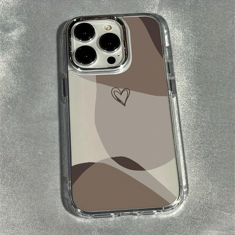 Phone case suitable for iPhone 17, 16 Pro Max, 15 Plus, 14, 13, 12 series. This trendy and creative luxury transparent brown heart-shaped phone case features an electroplated lens design
