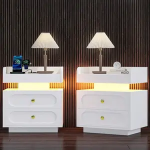 2-Piece Modern LED Nightstand Set with Charging Station, 2-Drawer Bedside End Table for Bedroom (White/Black)