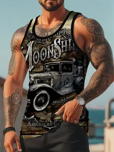 Men's Summer Sleeveless Letter and Car Print Casual Vest, Slim-Fitting Graphic Top, Unlined Plain Surface, No Collar, No Zipper