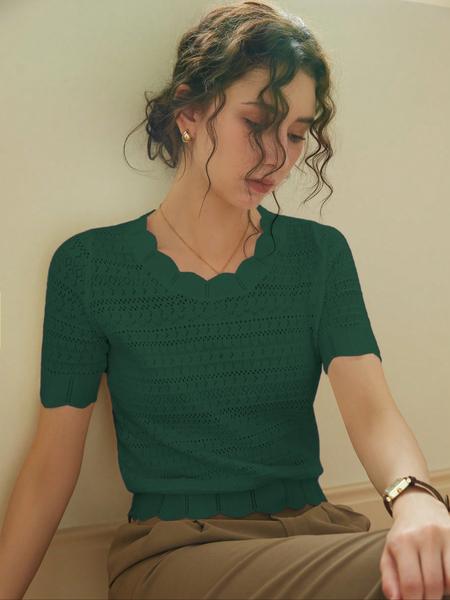 French Style Elegant Slim-Fit Casual Short Sleeve Pullover Knitted Top for Women, Fall & Winter Fashion, Random Pattern Design, Knitwear