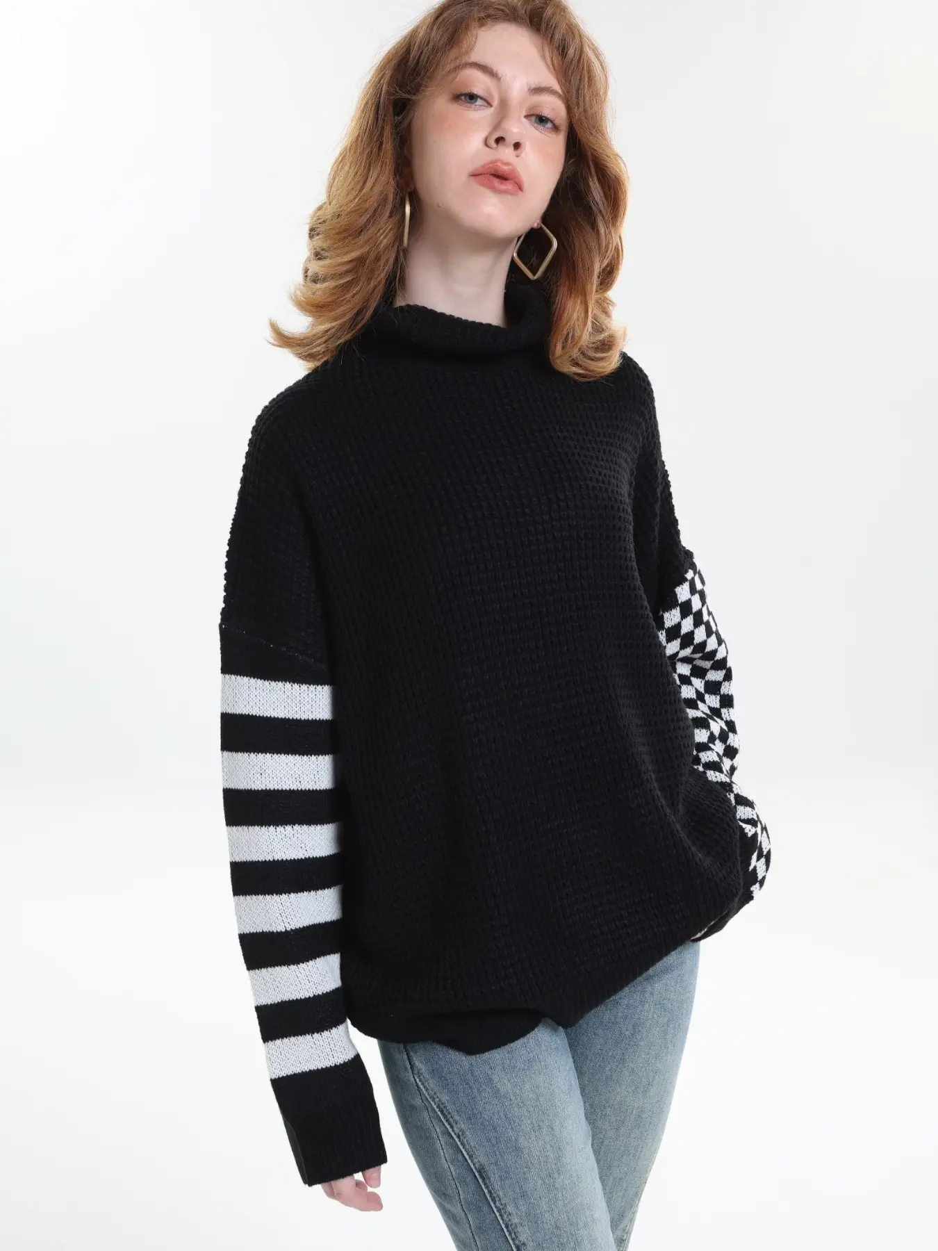 Plus Size Loose Fit Solid Color High Neck Waffle Honeycomb Knit Sweater, Cool Unique Contrast Casual Style, Trendy Pullover for Men & Women
