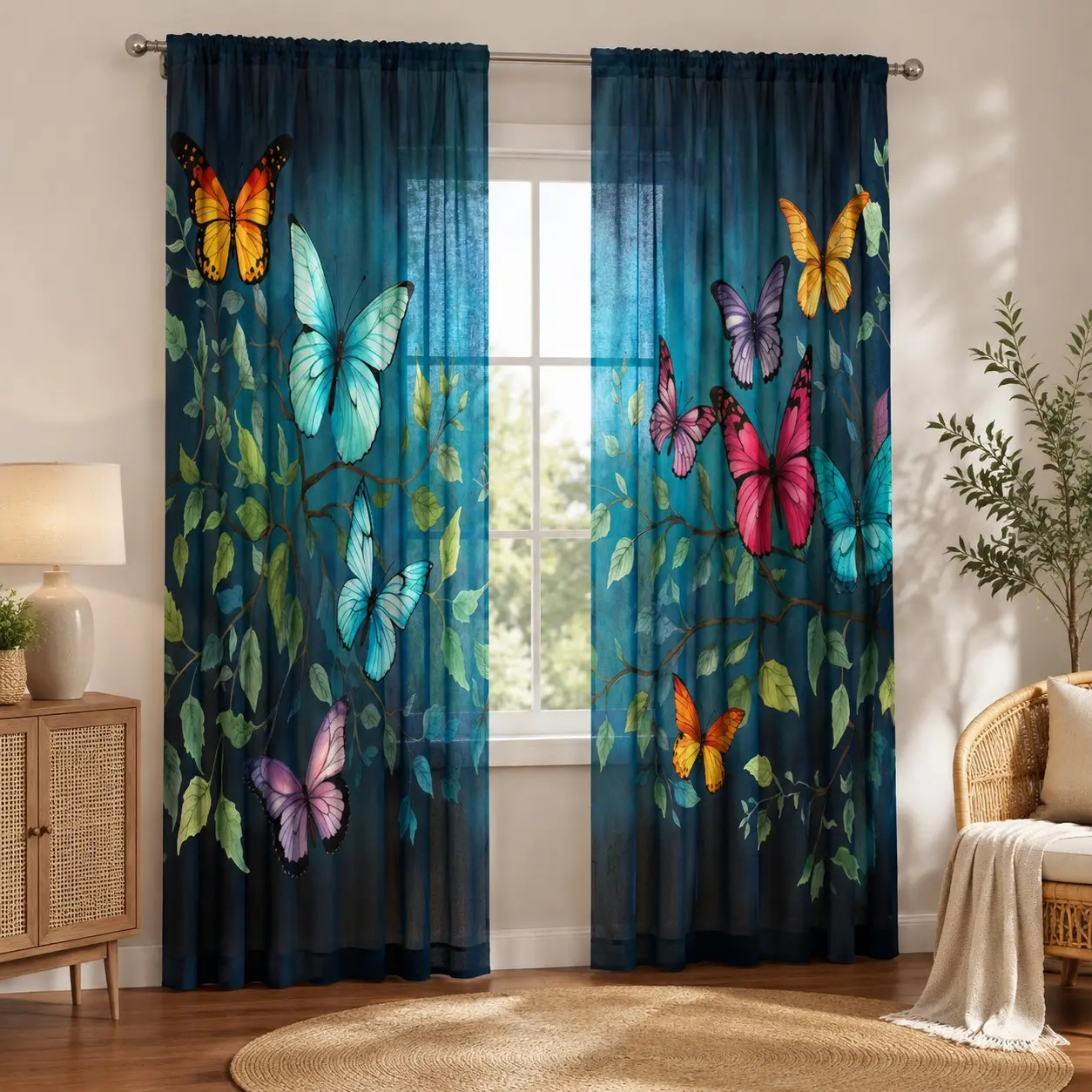 Colorful Butterfly Vine Sheer Curtains 2 Panels, Dark Teal Background Multicolored Butterfly Foliage Print Rod Pocket Light Filtering Window Drapes, Romantic Botanical Window Treatments for Bedroom Living Room Home Decor, Home Decoration Curtain