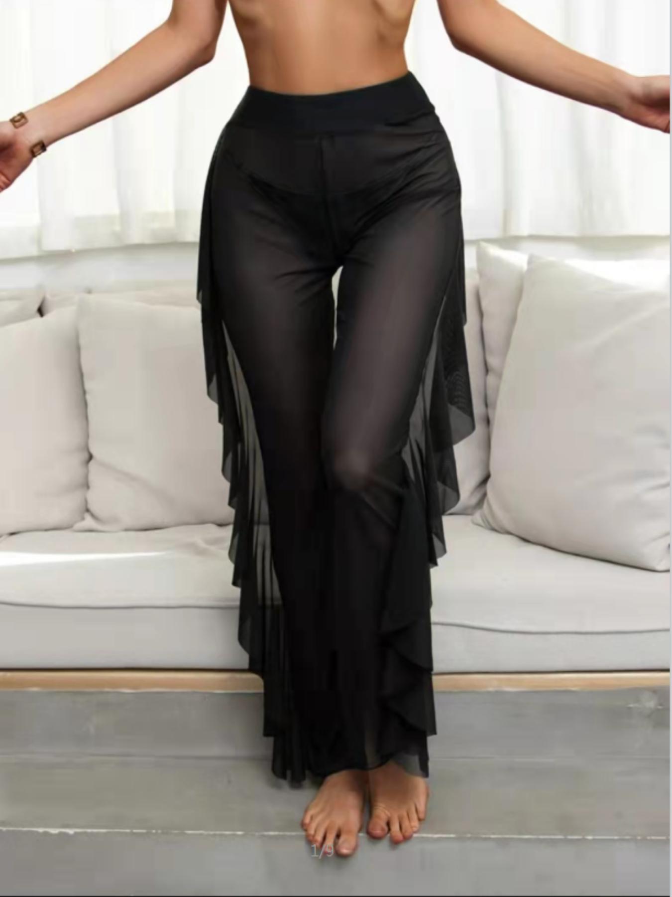 Women's 3pcs Criss Cross Cut Out Halter Tie Back Bikini Top & Thong & Sheer Ruffle Trim Pants Swimsuit Set, Sleeveless Swimwear Set for Summer, Ladies Swimsuit for Beach Holiday Vacation, Halter Bikini Sets