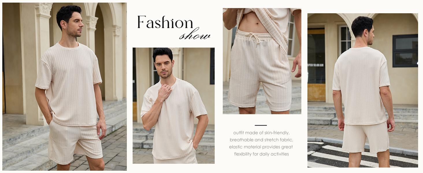 Gihuo Men's 2 Piece Outfits Textured Short Sleeve Shirts & Shorts Set Crewneck Black Elastic Waist Casual Summer Beachwear Comfortable Flexible Menswear Stretch Suits Sun Top Top
