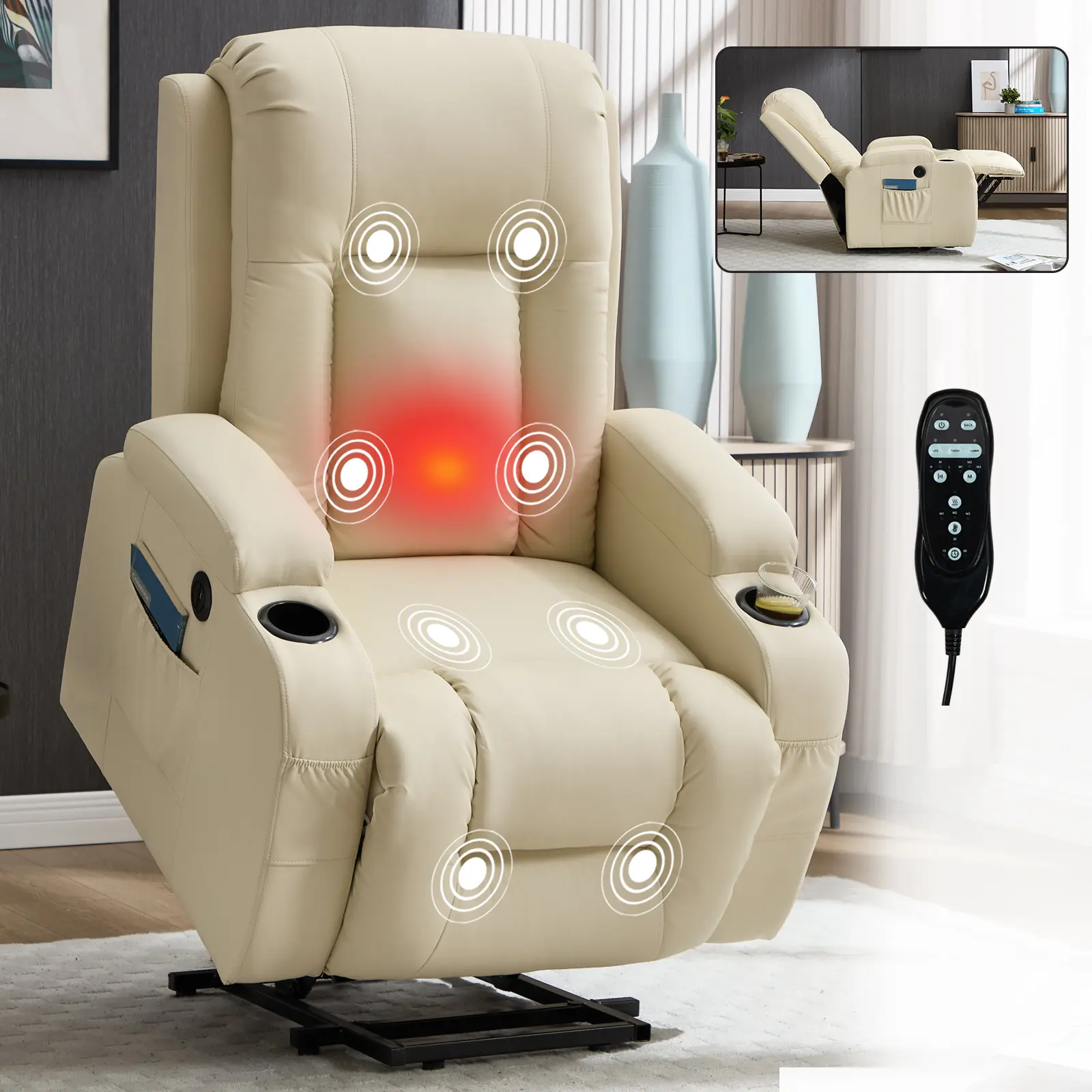 Nokaa Heavy-Duty Power Lift Recliner Chair for Elderly (350LBS Capacity) - Beige Upholstered, Infinite Position Reclining, 8-Point Vibration Massage, Lumbar Heating, USB Port, Cup Holders
