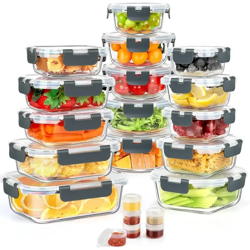 42 count Glass  Storage Containers with  Set, 21 Containers & 21  Glass Meal Prep Containers with Snap Locking Lid Set, Leak Proof Lunch Container ,Grey