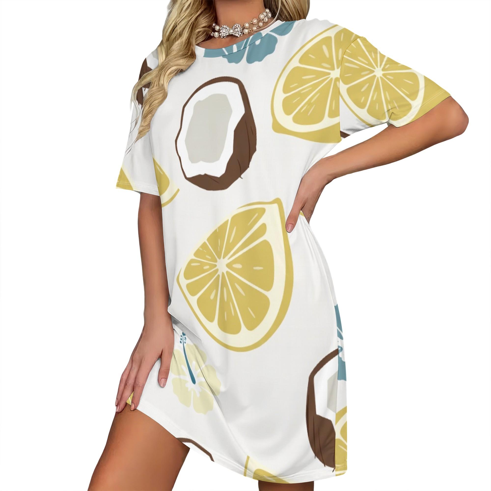 Ladies Lemon Coconut Print T-Shirt Dress Short Sleeve Casual Summer Mini Dress with Pocket